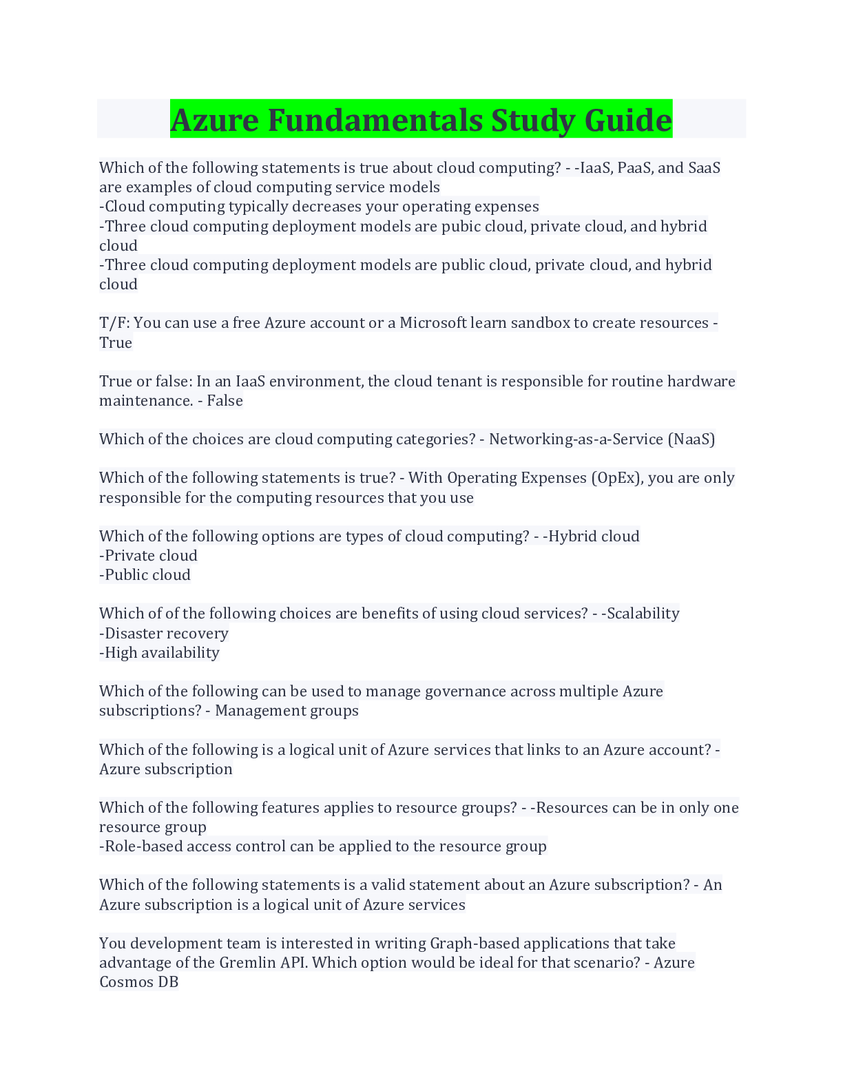 Preview image for Azure Fundamentals Study Guide Latest Update